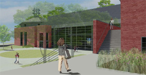 This artist's rendition shows the back of the new campus building which visitors approach from an onsite parking lot nearby