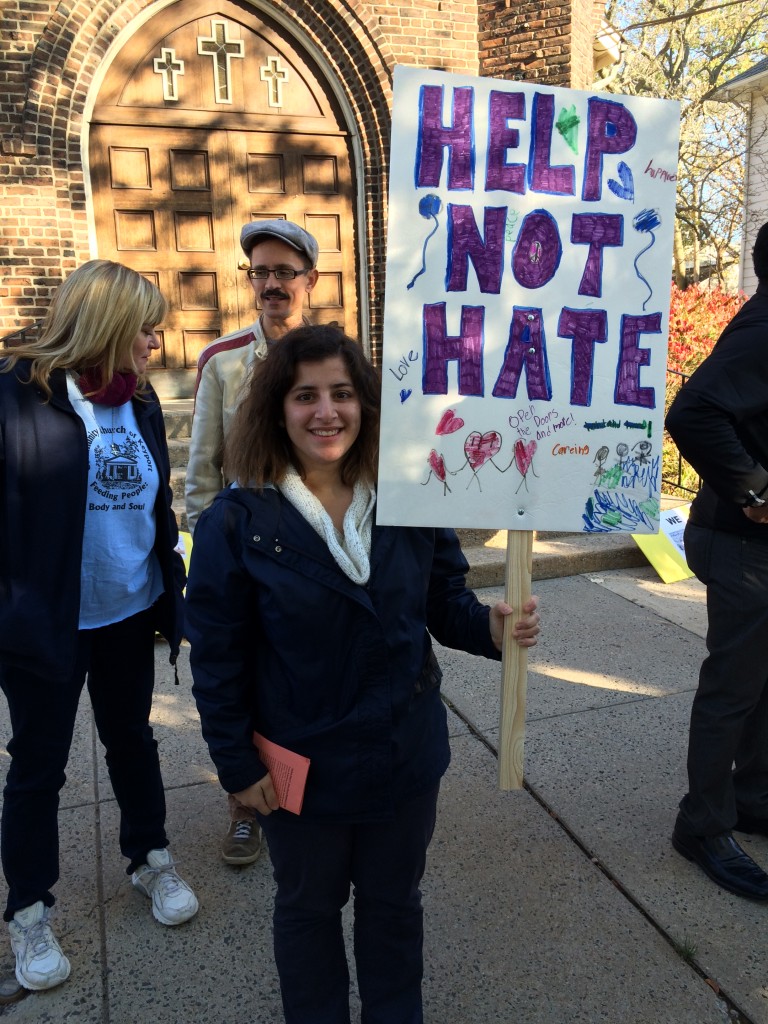 Syrian Refugee Sandy Khabbazeh at the Refugee Resettlement rally at the Reformed Church of Highland Park, New Jersey
